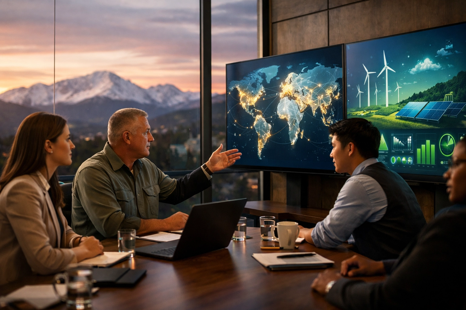 Dakdan Worldwide strategic consultants analyzing global supply chain and ESG data in a modern office.