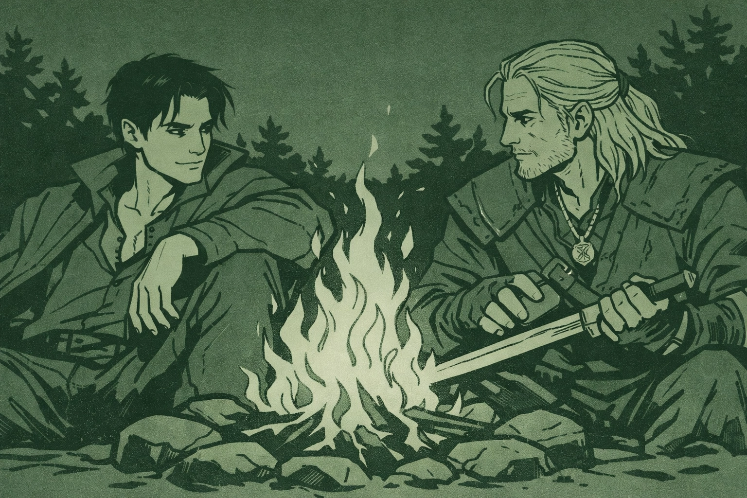 Gay fantasy romance campfire scene - witcher and vampire building tension in Cursed Bonds