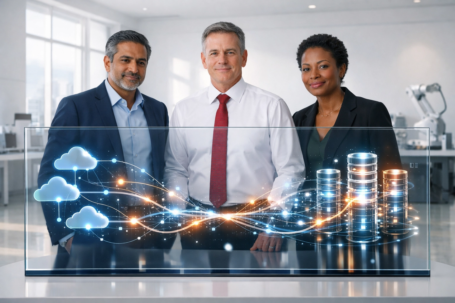 Tech executives analyzing cloud and data platform modernization strategies on a digital display.
