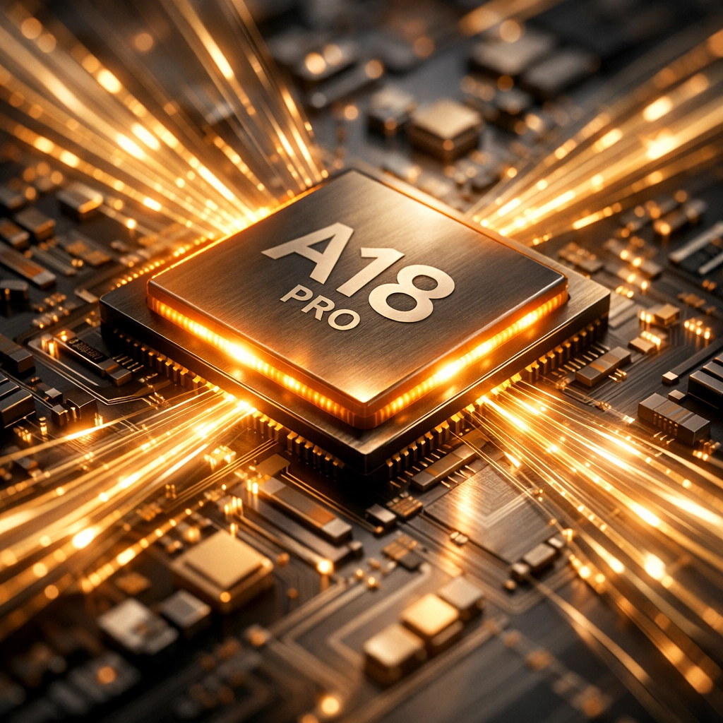 Close-up of the Apple A18 Pro chip inside the MacBook Neo, showing high-speed performance for students.