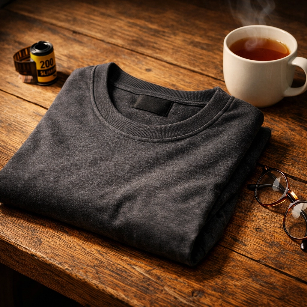 Premium folded grey movie t-shirt with a film canister and tea, ideal for Yorkshire gift ideas.