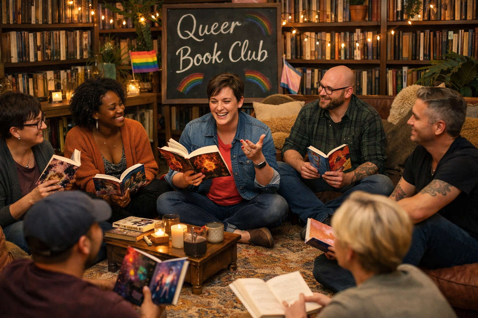 A cozy gay book club meeting discussing MM romance books 2026 and building community through queer fiction.