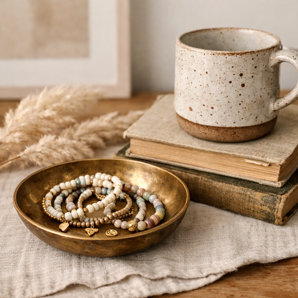 Artisanal jewelry in a brass bowl with a handmade mug illustrating a curated boho home aesthetic.