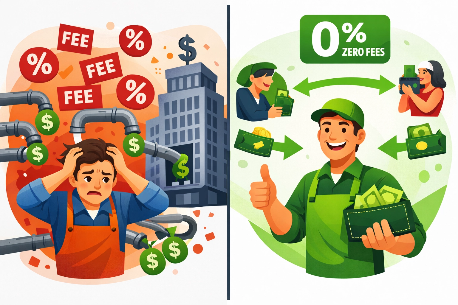 Comparison of traditional payment processor fees versus zero-fee direct crypto payments