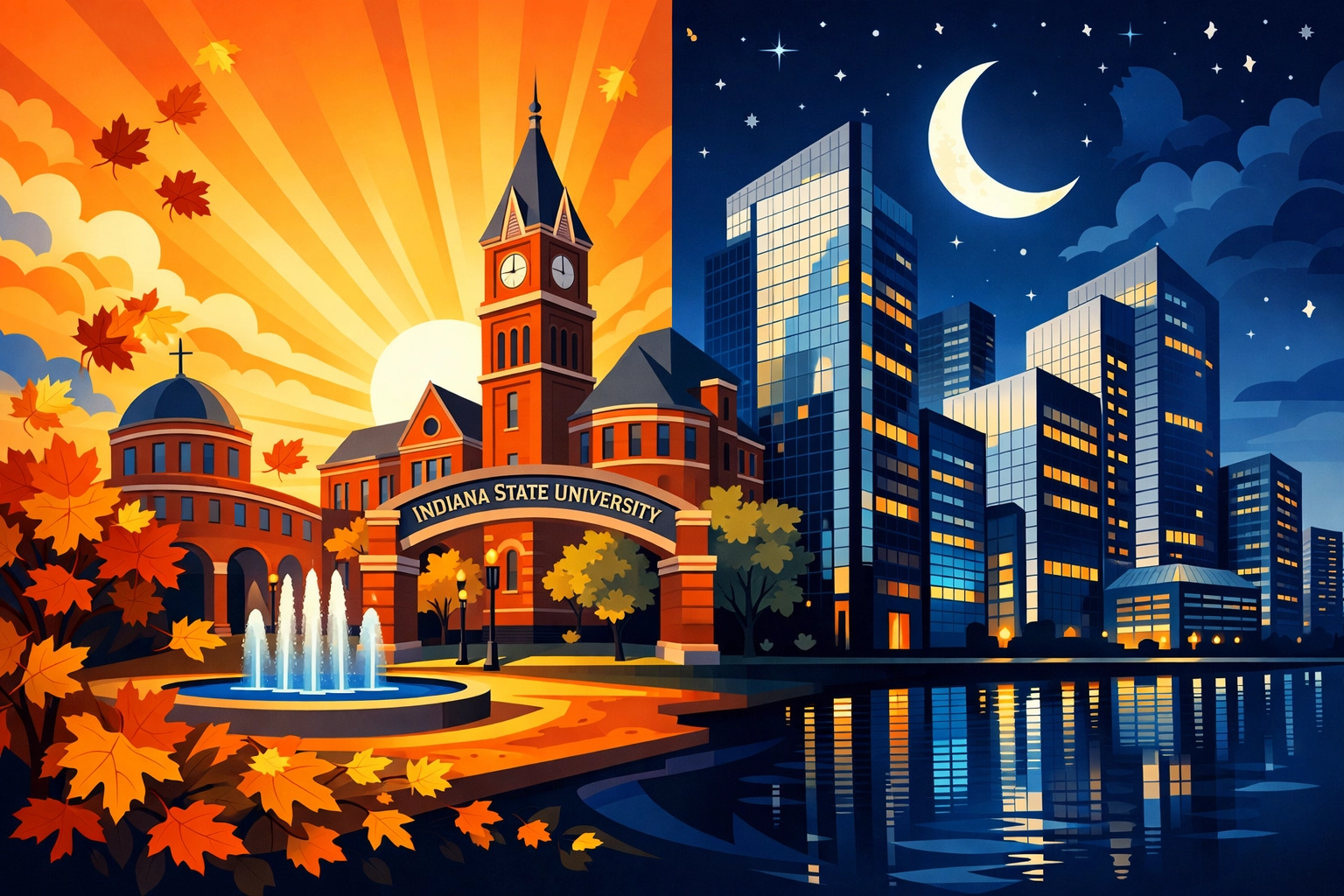 Illustration of Indiana State University campus and corporate offices representing local business hours.