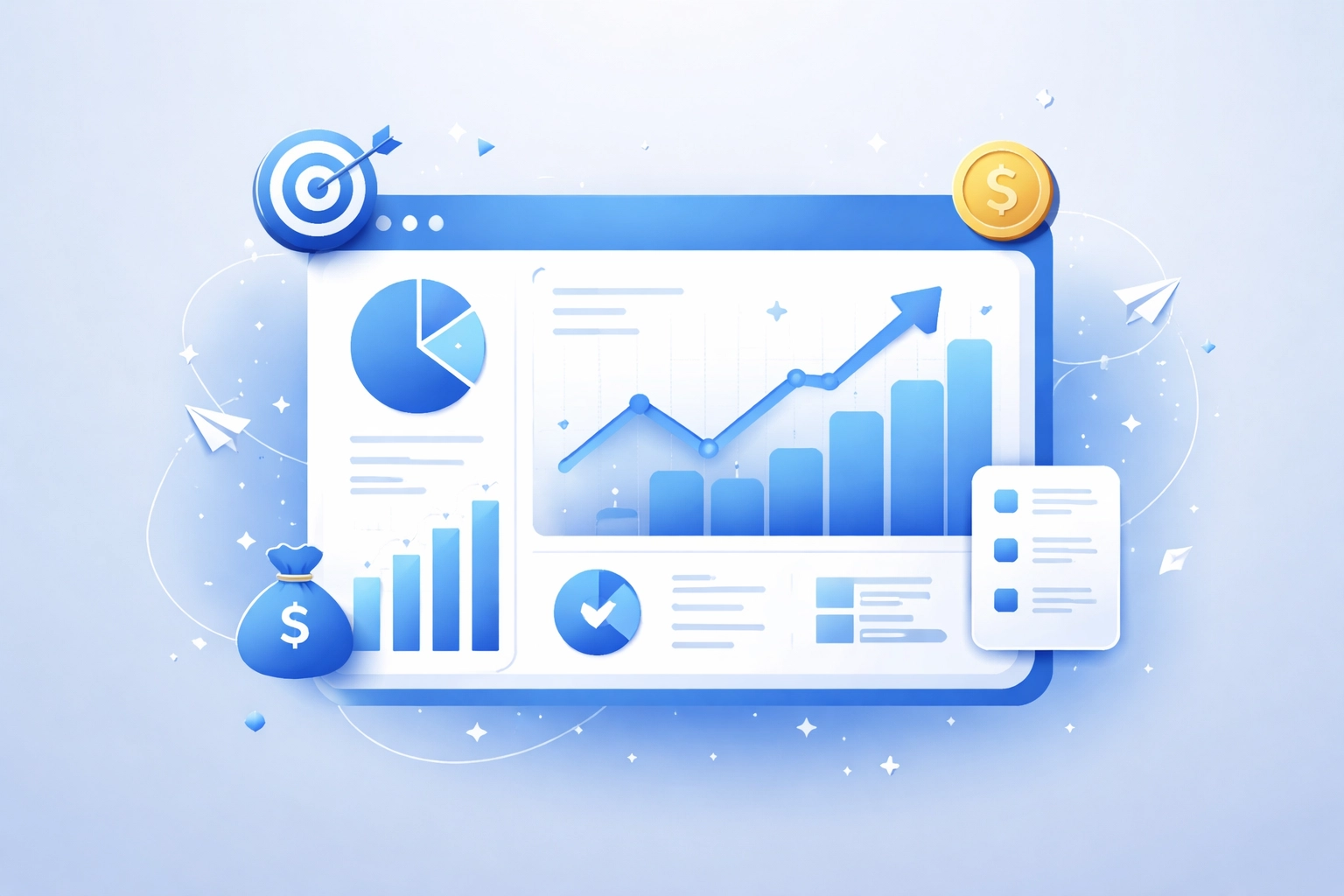 Illustration of a digital dashboard with analytics charts and graphs symbolizing ROI tracking in SEO and web design