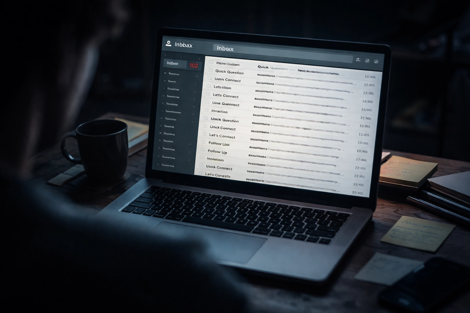 Overwhelmed founder reviewing a cluttered laptop inbox filled with unpersonalized freelance SDR outreach emails