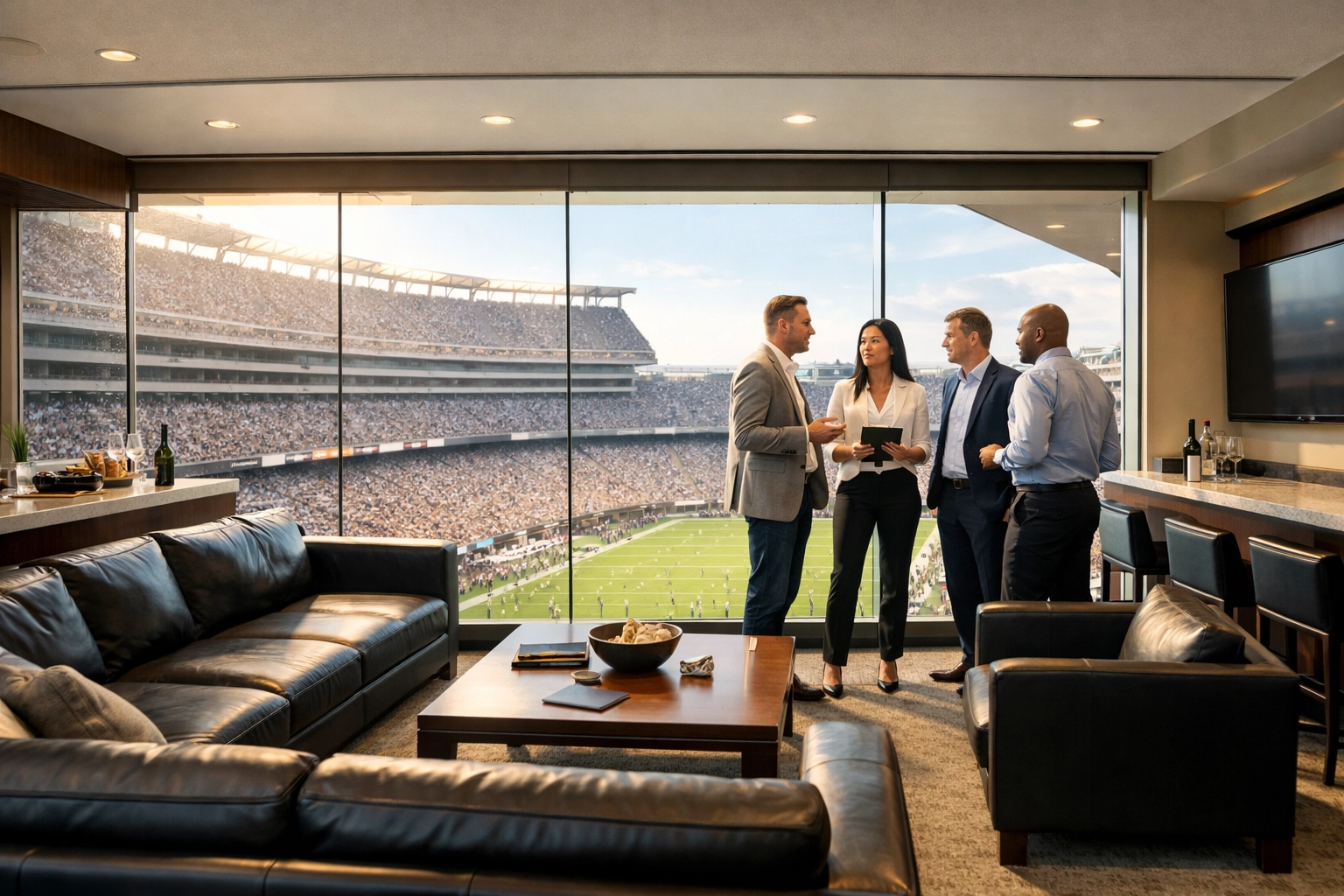 Executives networking in a luxury Super Bowl hospitality suite overlooking a football stadium.