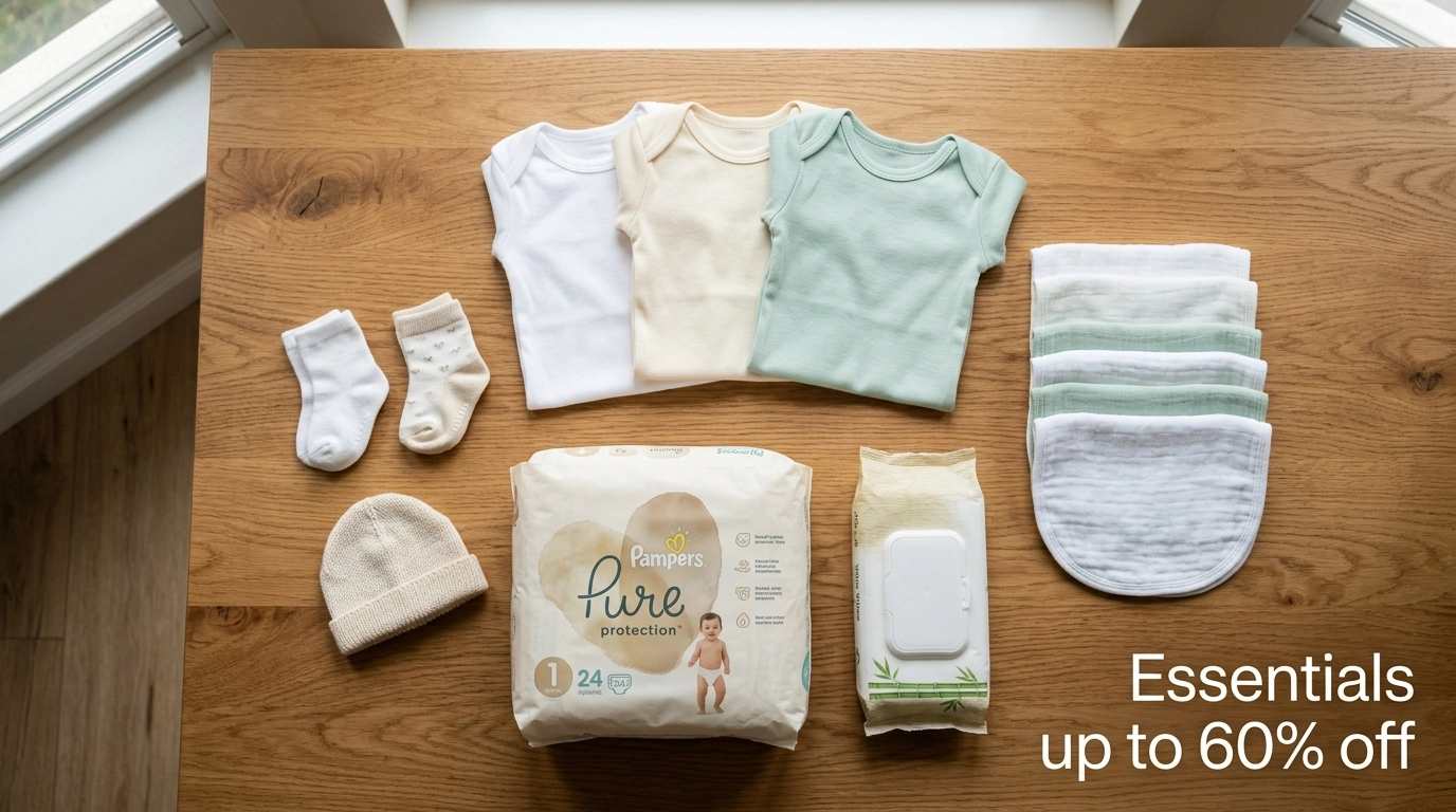 Baby essentials flat lay