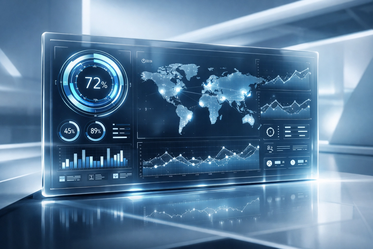 Executive dashboard interface showing real-time performance analytics for multi-site business management.