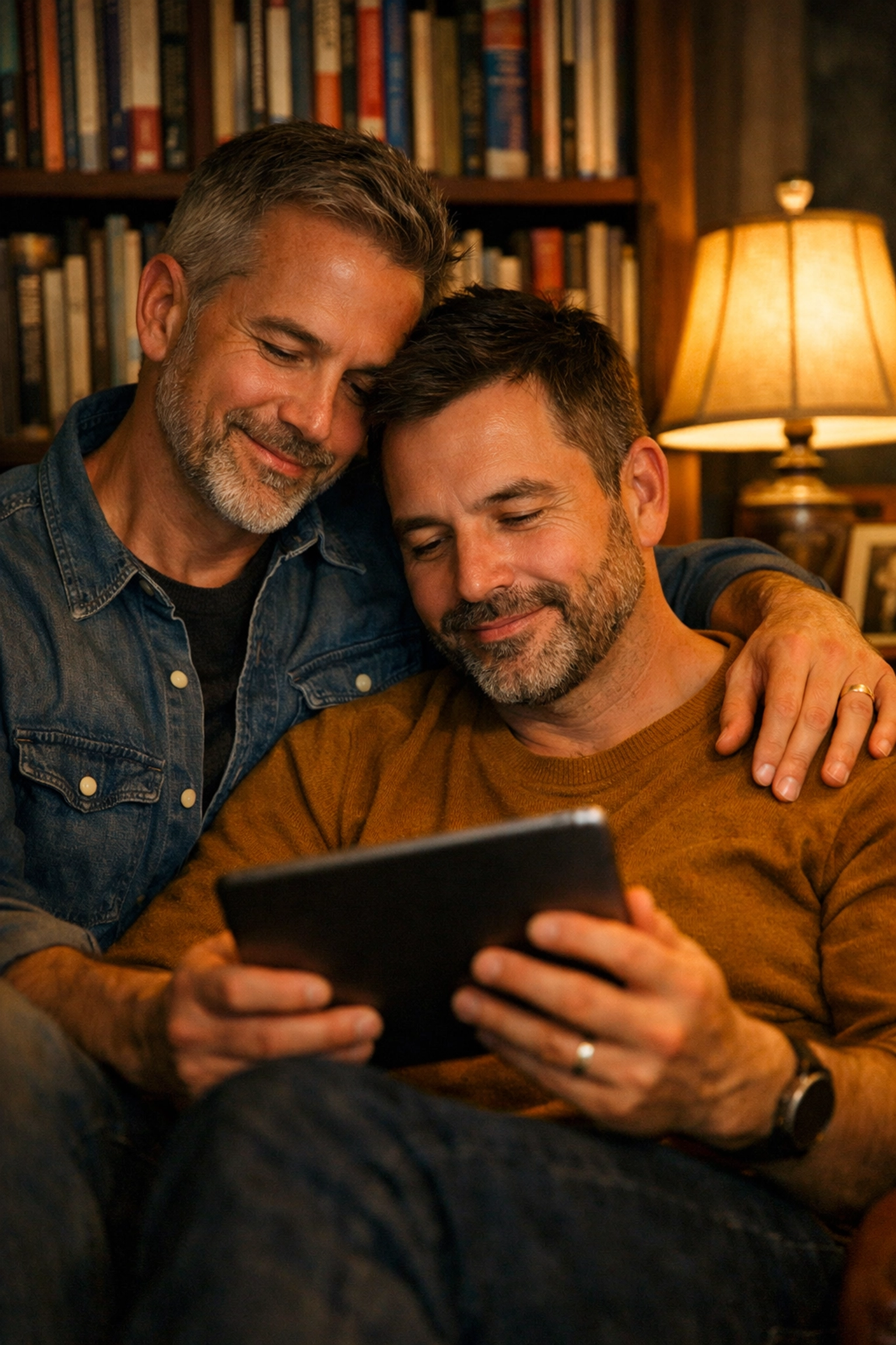 A gay couple in a library reading together, reflecting the emotional depth of MM romance.