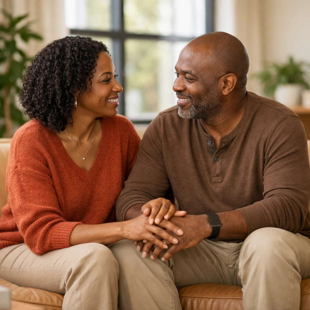 Black couple in therapy session working on relationship healing and communication