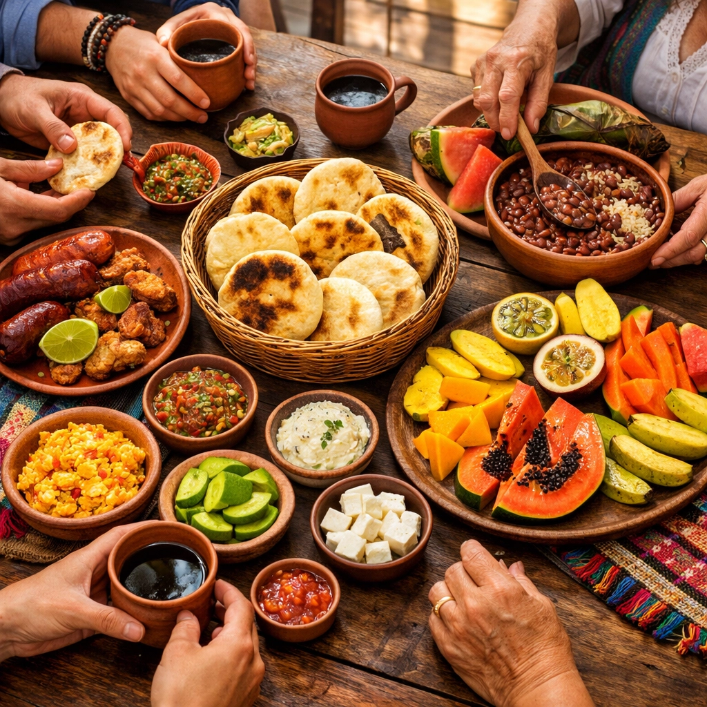 Travelers sharing traditional Colombian meal with local family at coffee region finca