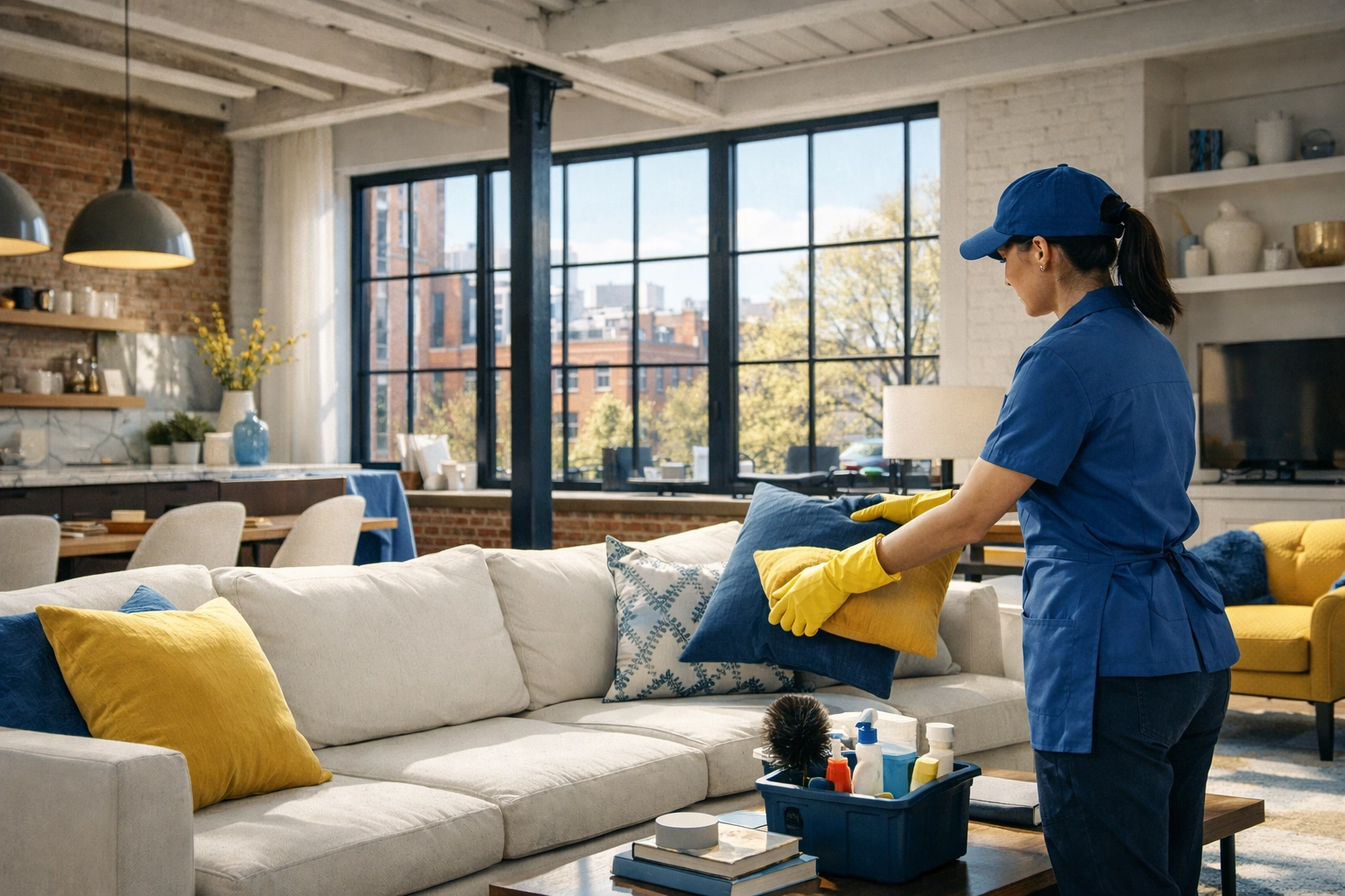 Professional cleaners MA delivering efficient Apartment Cleaning Massachusetts in a sun-drenched loft.