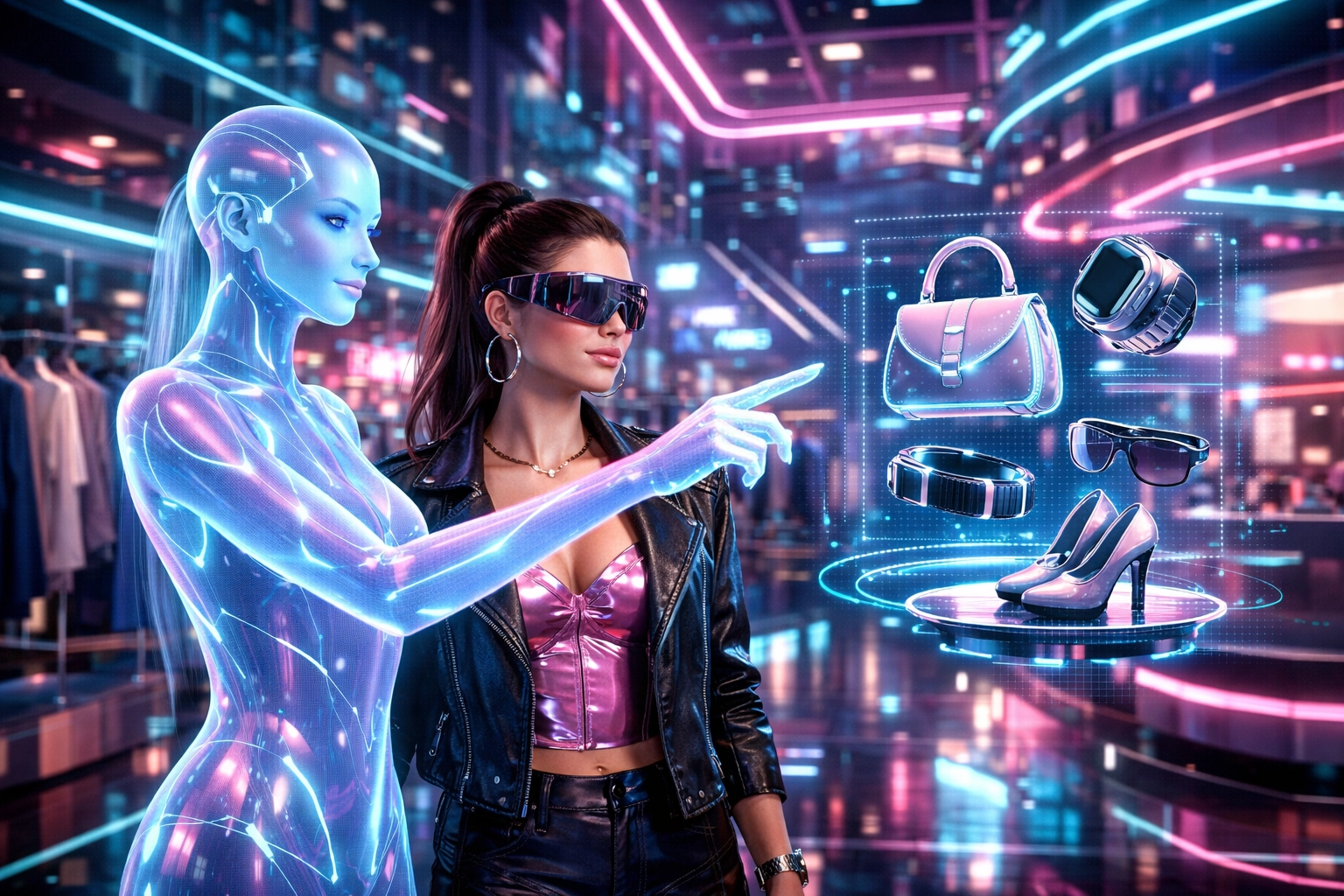 AI shopping assistant guiding an avatar through a neon-lit virtual metaverse boutique using Larecoin.ai.
