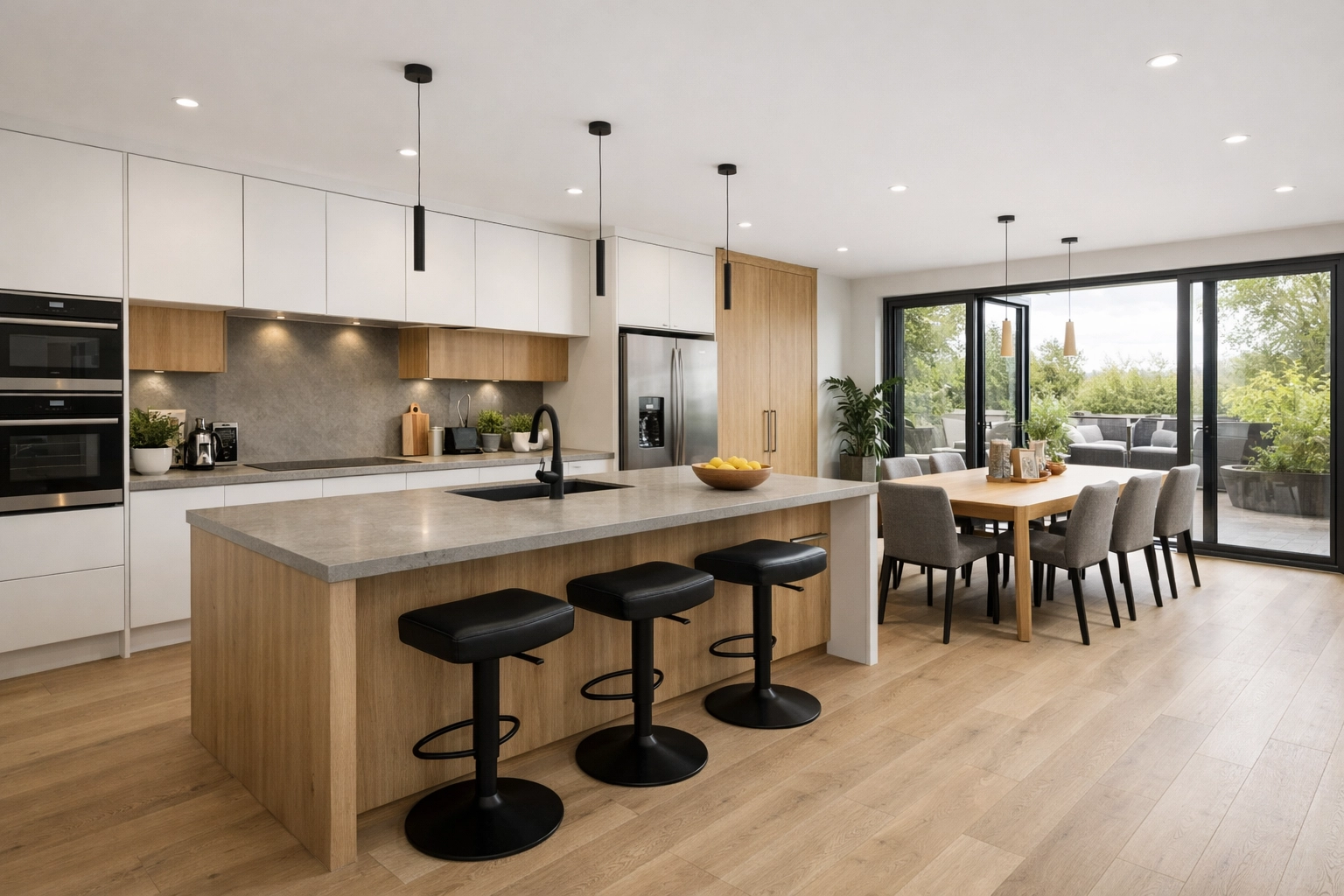 Premium HMO kitchen extension with modern island and high-spec appliances for co-living tenants.