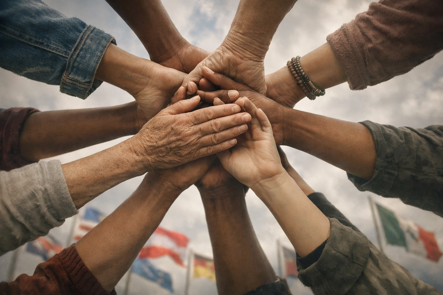 Diverse hands joined together in prayer for global peace and unity