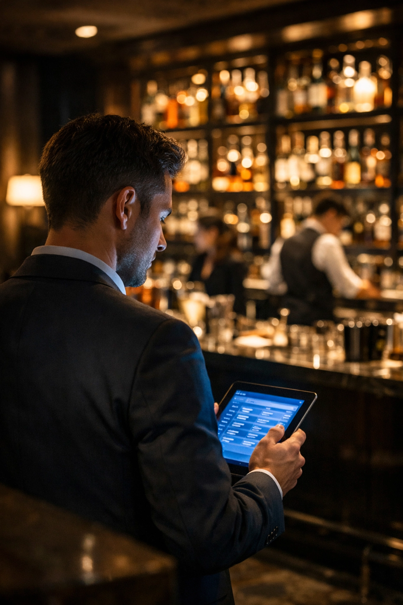 A professional venue manager using a digital system to coordinate event staff and guest services in real-time.