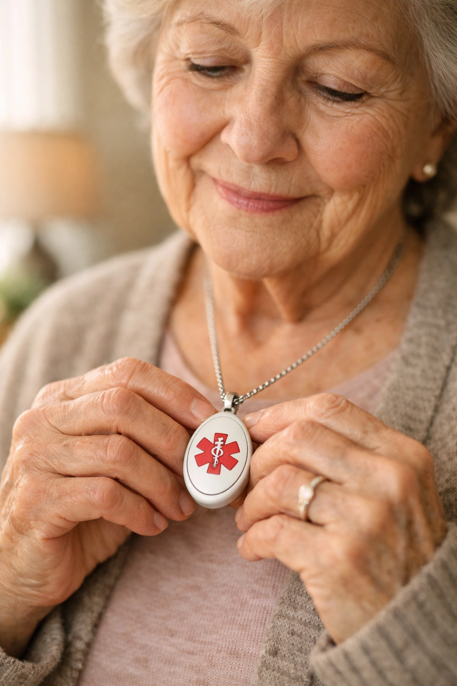 Senior woman wearing medical alert pendant necklace for fall safety and emergency help