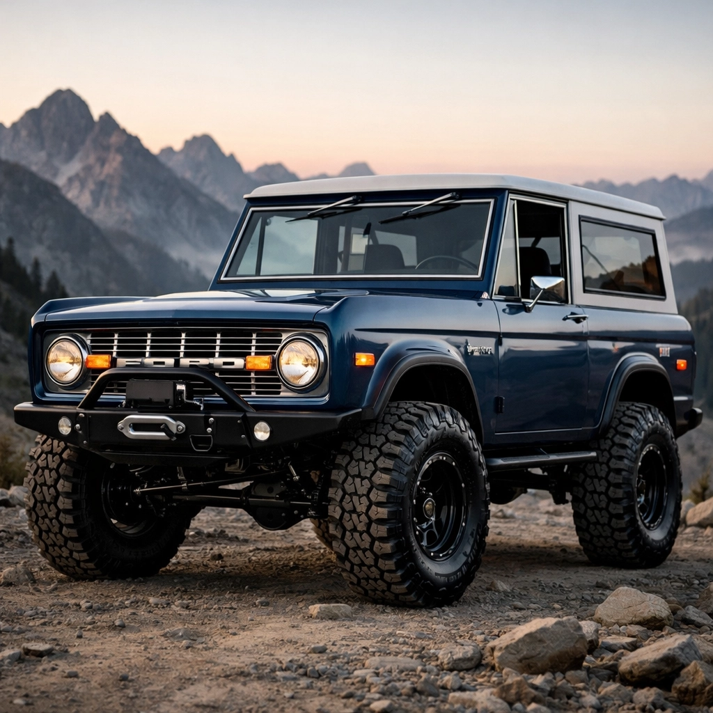 Restored Early Ford Bronco 1966-1977 with modern off-road suspension on a high-altitude mountain path.