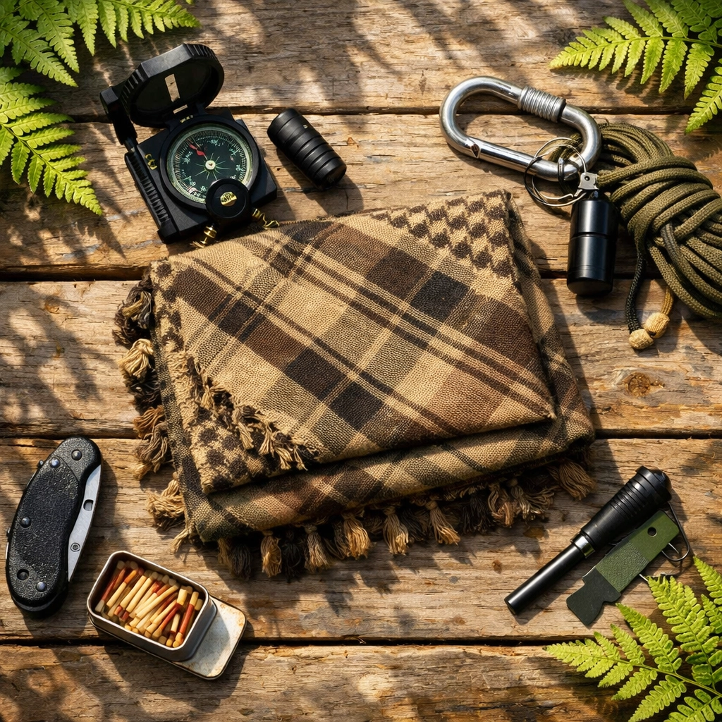 Shemagh scarf with essential camping survival tools and gear for UK adventures