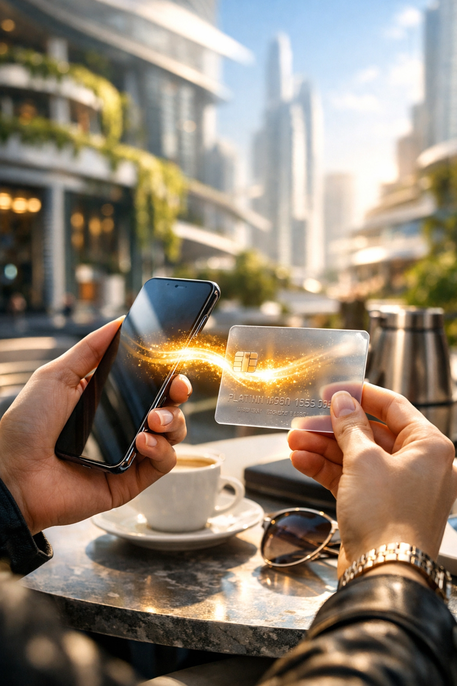 Merchant using Larecoin push-to-card technology at a modern cafe for instant digital-to-fiat payment settlement.