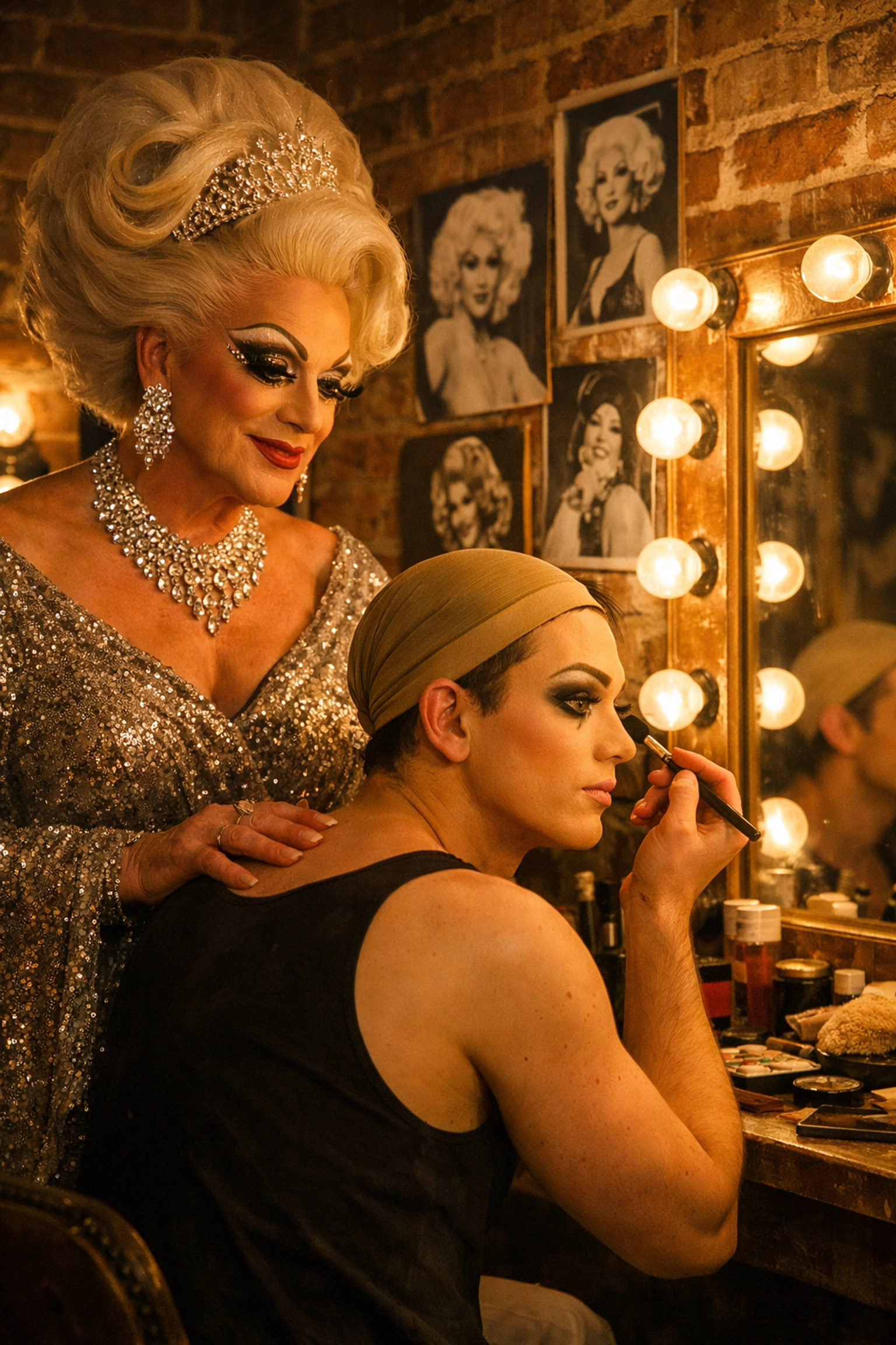 Drag queen legacy: mentor teaching younger performer backstage in dressing room