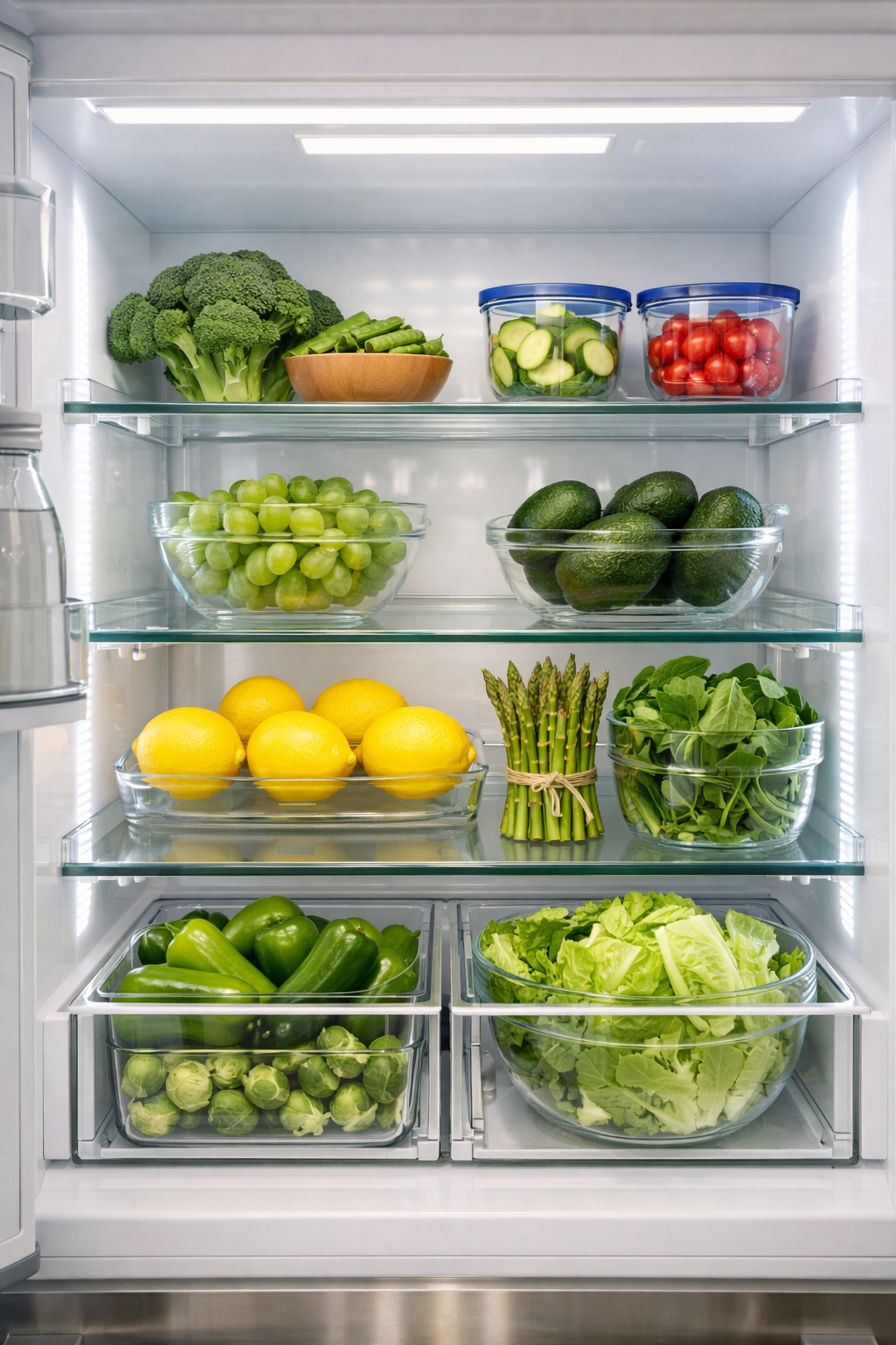 A sanitized and perfectly organized luxury refrigerator interior with fresh produce and clear shelving.