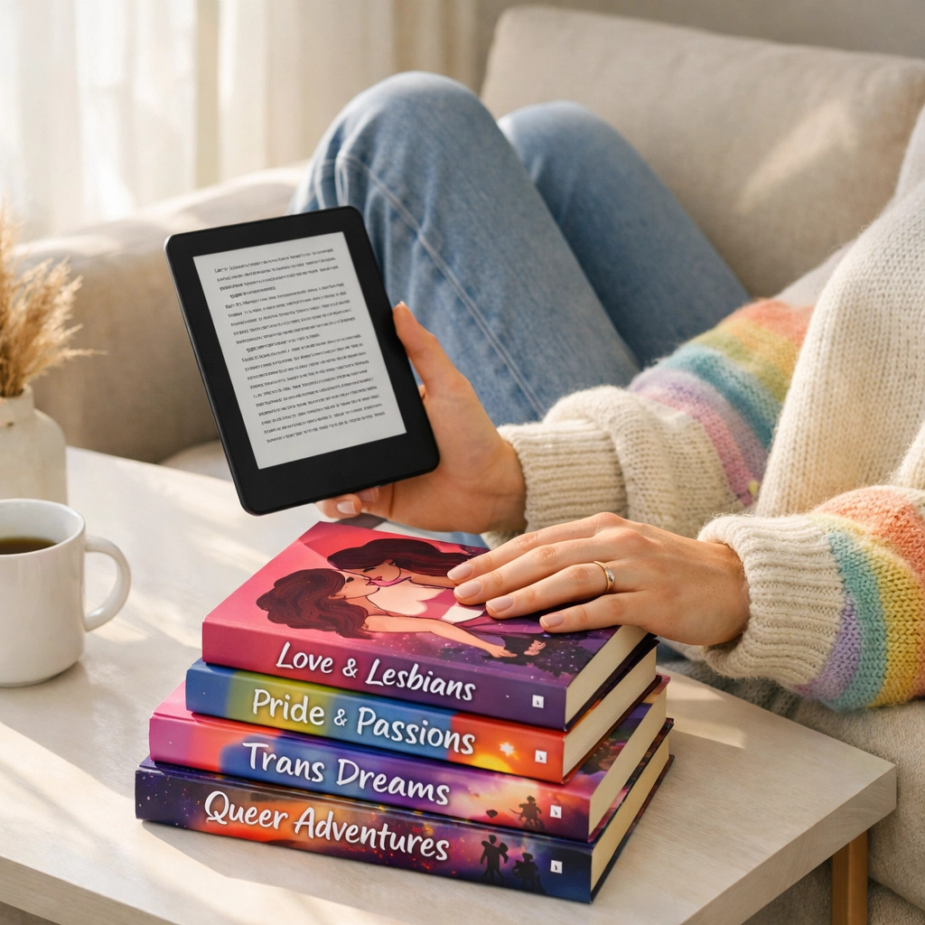 A reader enjoying LGBTQ+ ebooks and MM romance novels in a bright, cozy reading nook.