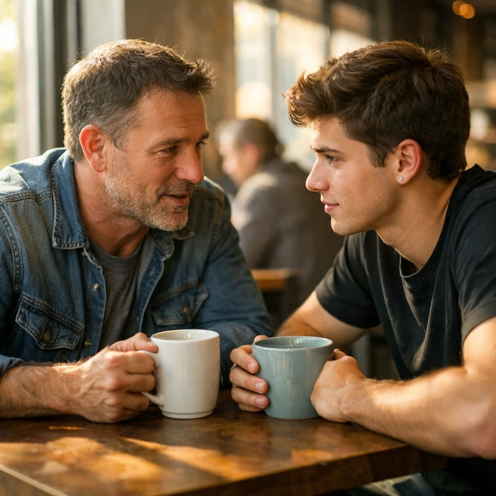 Two men talking in a coffee shop about spiritual growth and how to disciple someone through mentorship.