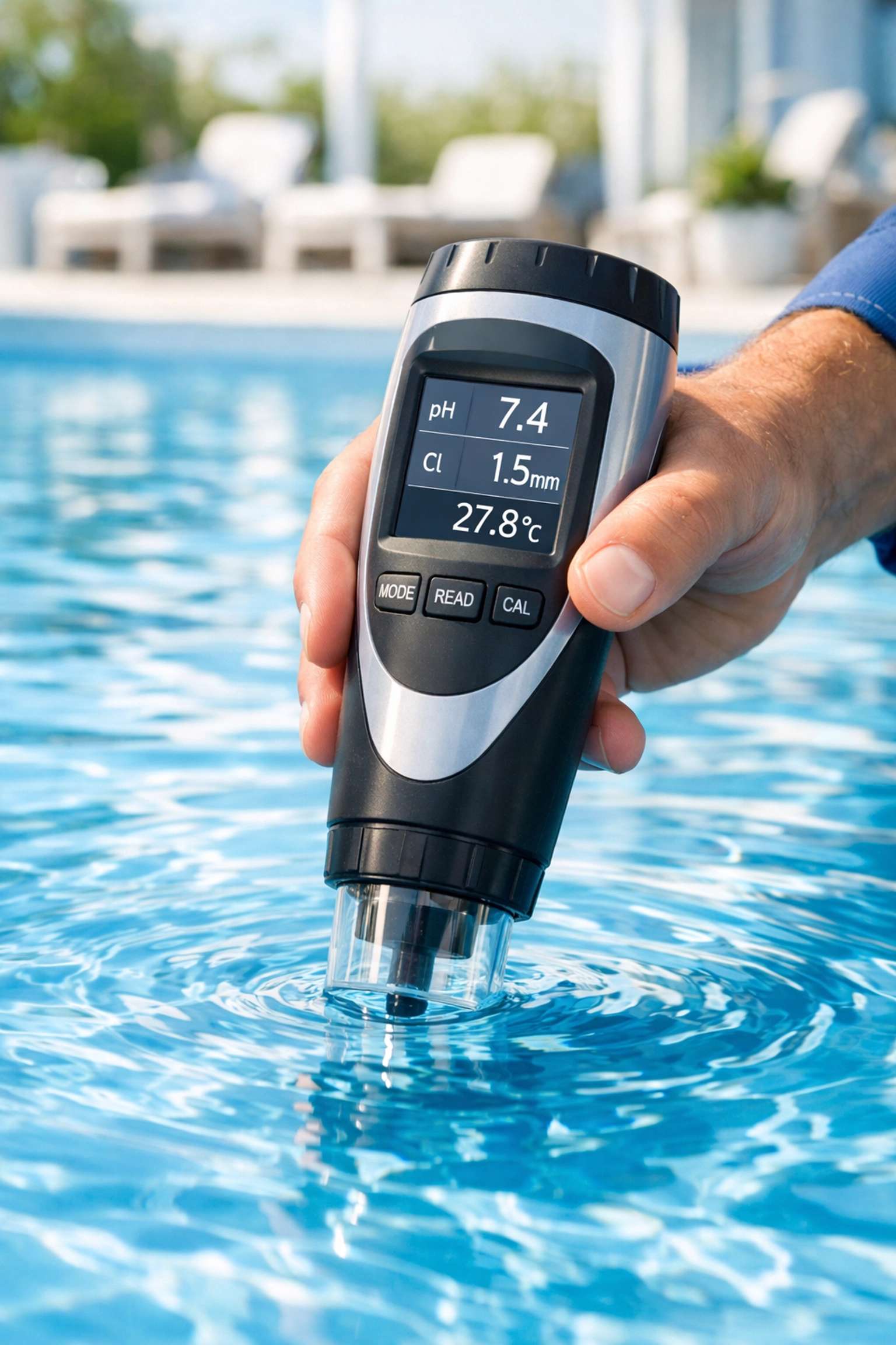 Detailed view of professional pool maintenance testing to ensure a turn-key route operation.
