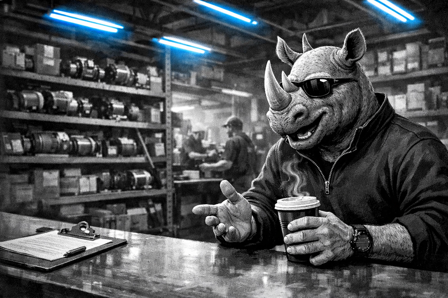 Ramblin' Rhyno building community and support at an HVAC supply house counter.