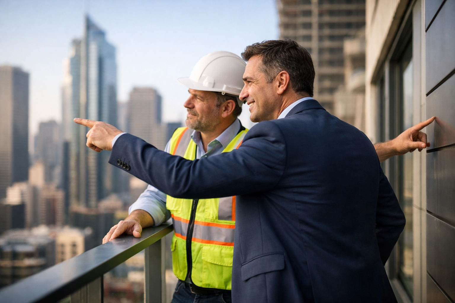 Property developer and site superintendent collaborating on a successful commercial construction project.