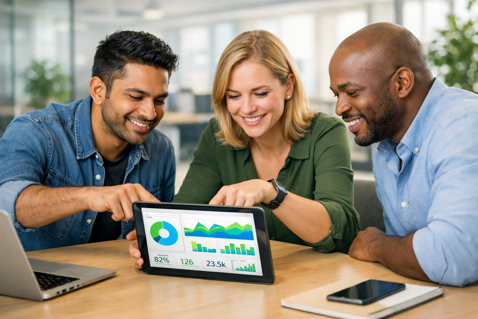 Professional IT team reviewing a data dashboard for ServiceNow CMDB health and platform integrity.