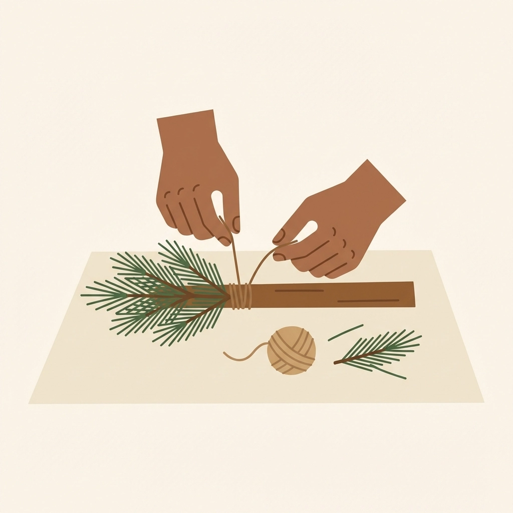Hands wrapping twine around a stick to assemble a homemade nature paint brush using pine needles