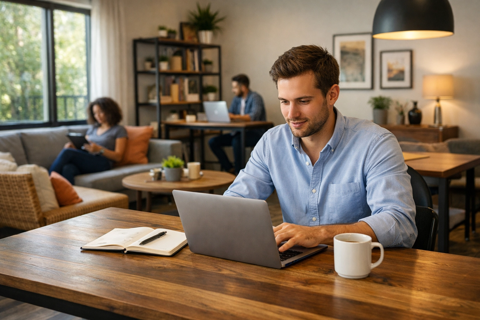 [HERO] Professional working on a laptop in a modern shared workspace in Durham co-living home — Work-From-Home/Tech, Strategic Renting vibe, Durham rooms for rent