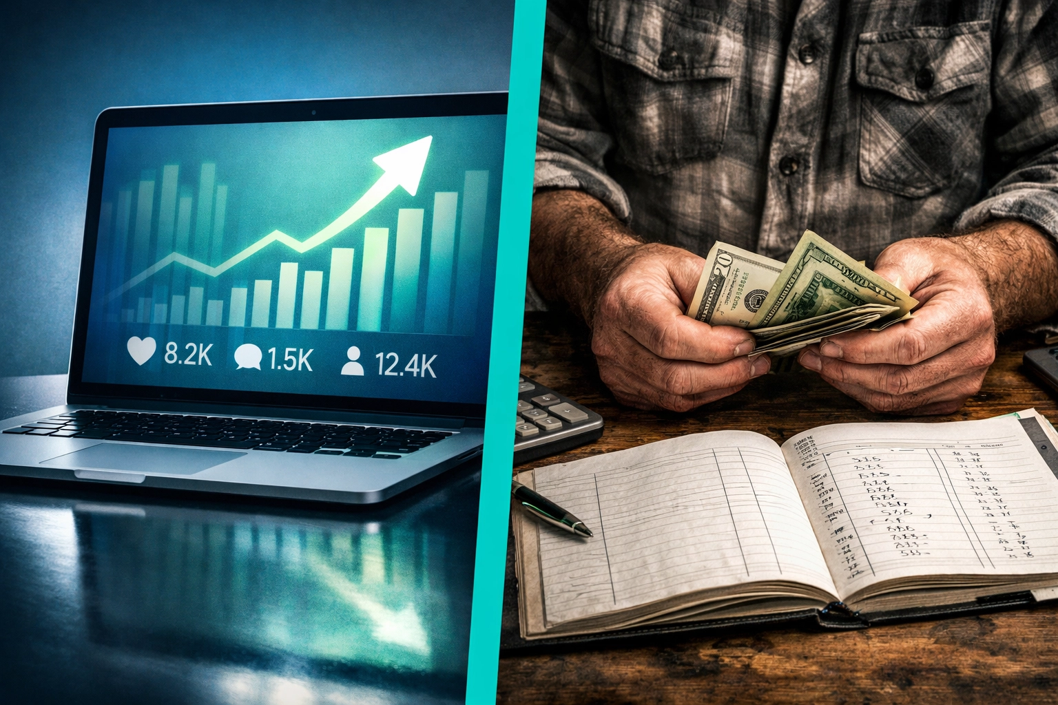 Vanity metrics on laptop compared to real cash revenue for contractors