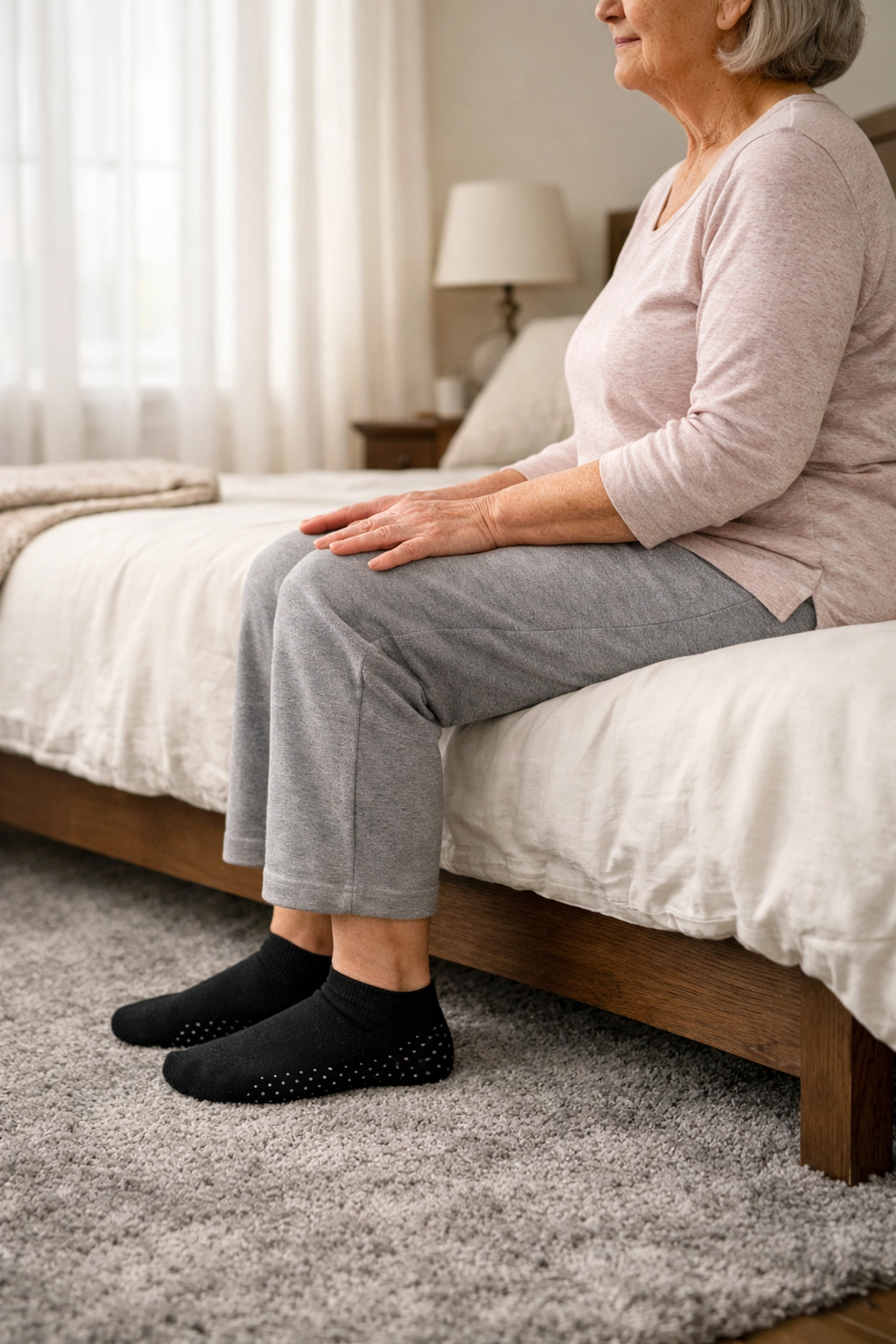 A senior sitting on a bed with feet flat on the floor, demonstrating safe bed height for mobility.
