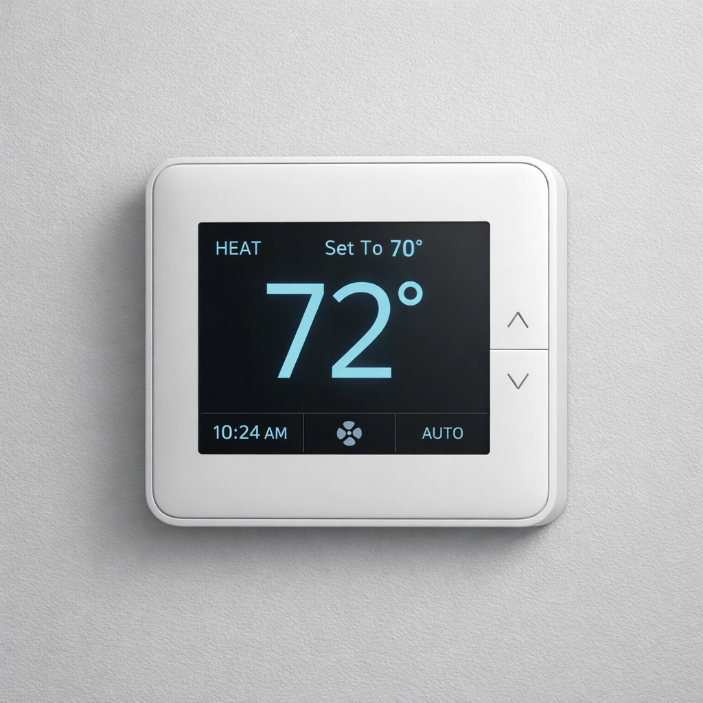 Modern thermostat displaying temperature settings on wall