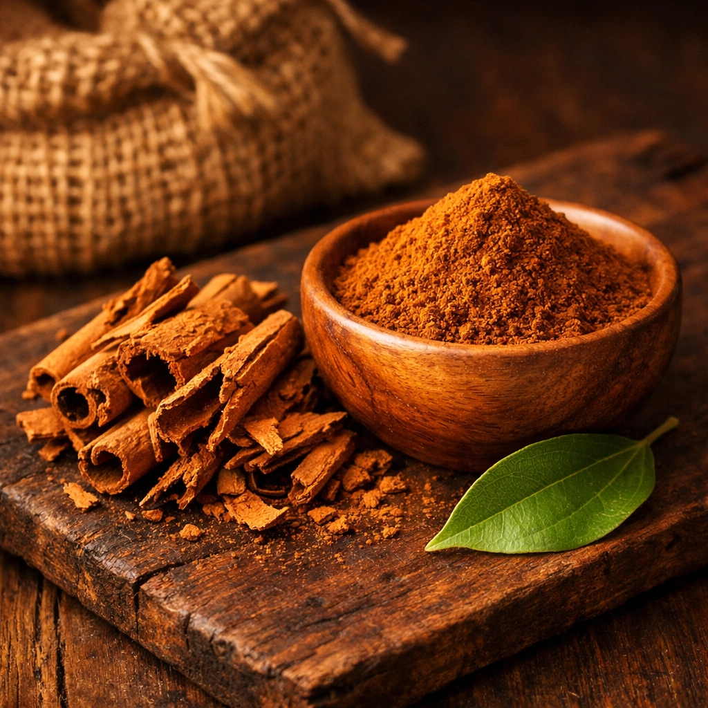 Rustic bowl of freshly ground Ceylon cinnamon powder, representing pure farm-direct sourcing in India.