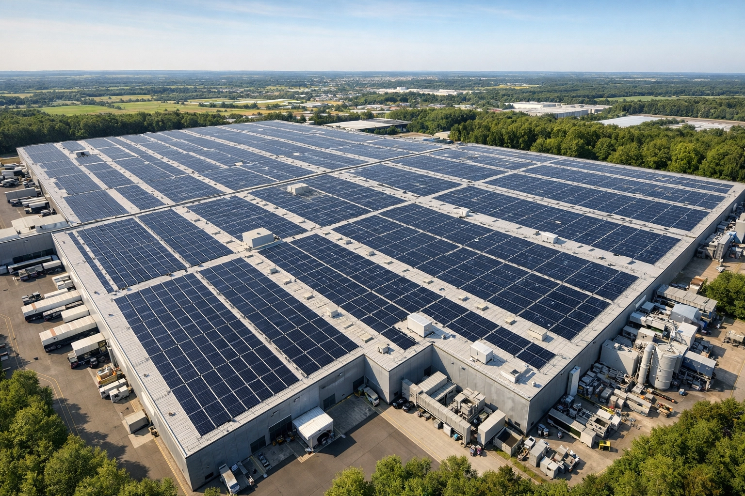 Aerial view of a large manufacturing facility with a professional commercial solar PV installation.