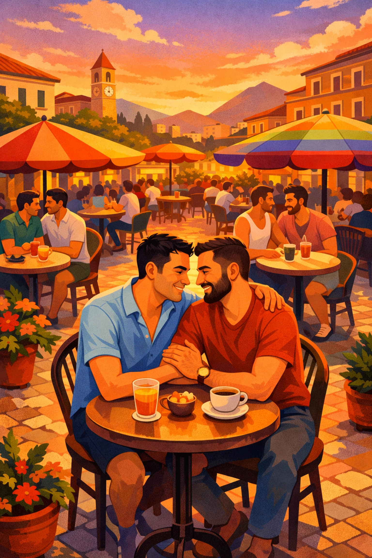 Gay couple at outdoor café in Tirana city center enjoying Albania's emerging queer scene