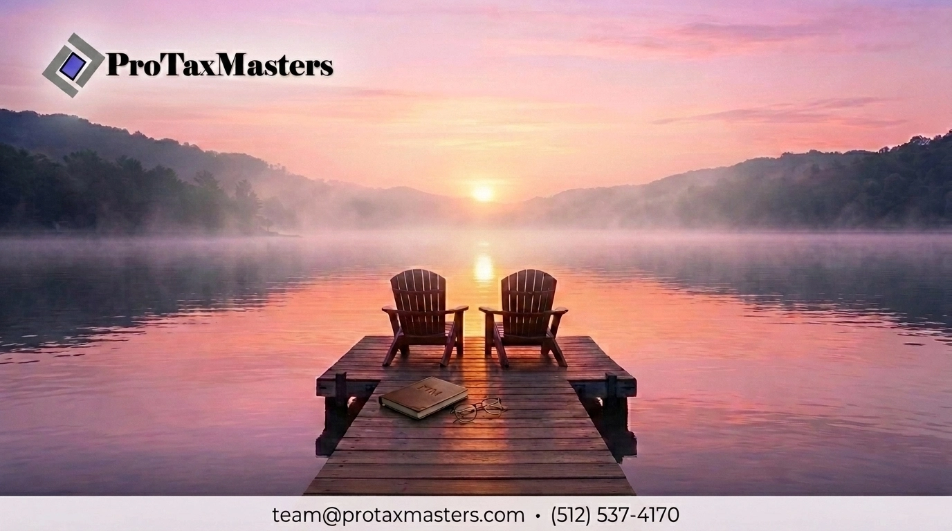 Peaceful lake sunrise representing retirement planning and tax savings for business owners.