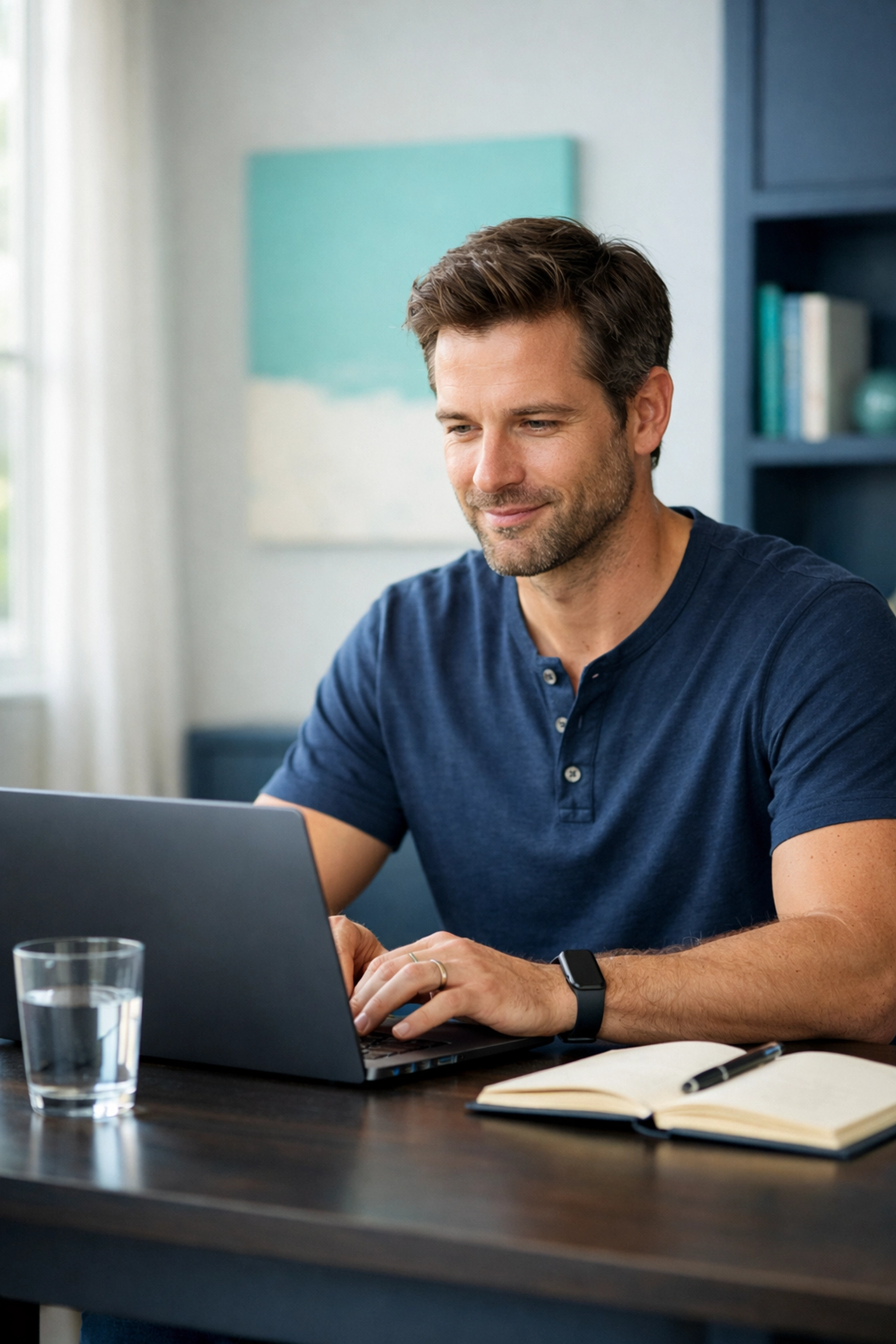 Man monitoring testosterone levels and hormonal health on laptop at home