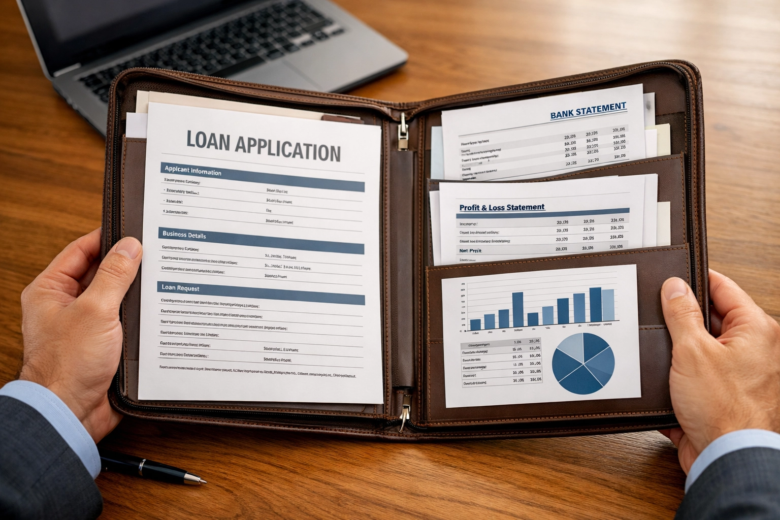 Organized business loan application documents in portfolio with bank statements