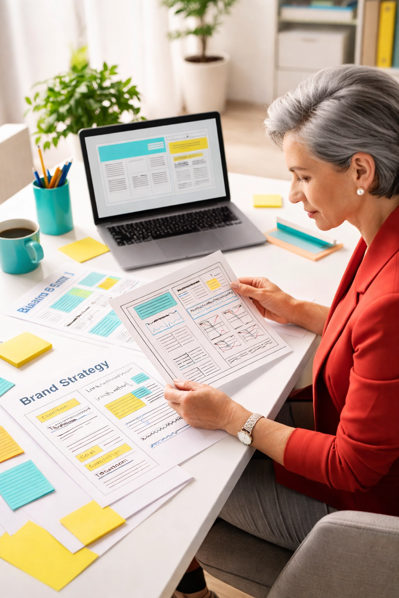 Designer reviewing website wireframes and brand strategy documents for custom WordPress web design