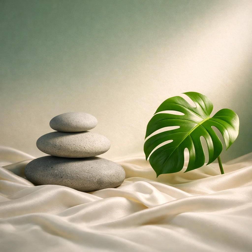 Zen stones and a green leaf on silk representing calm nervous system regulation and restorative rest.