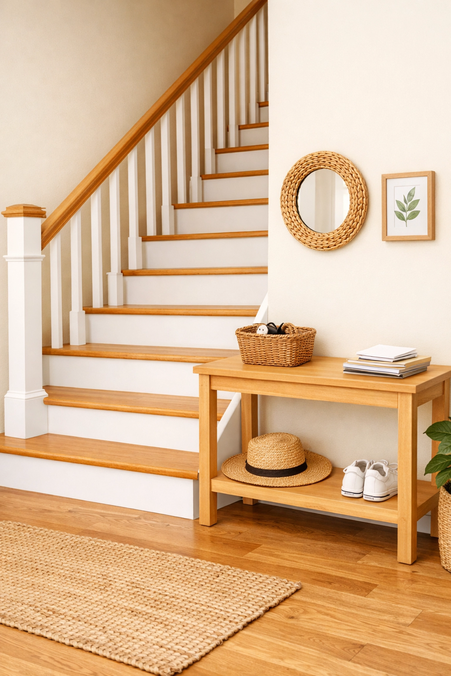 Unobstructed wooden staircase with a nearby side table to keep the walking path clear of clutter and trip hazards.
