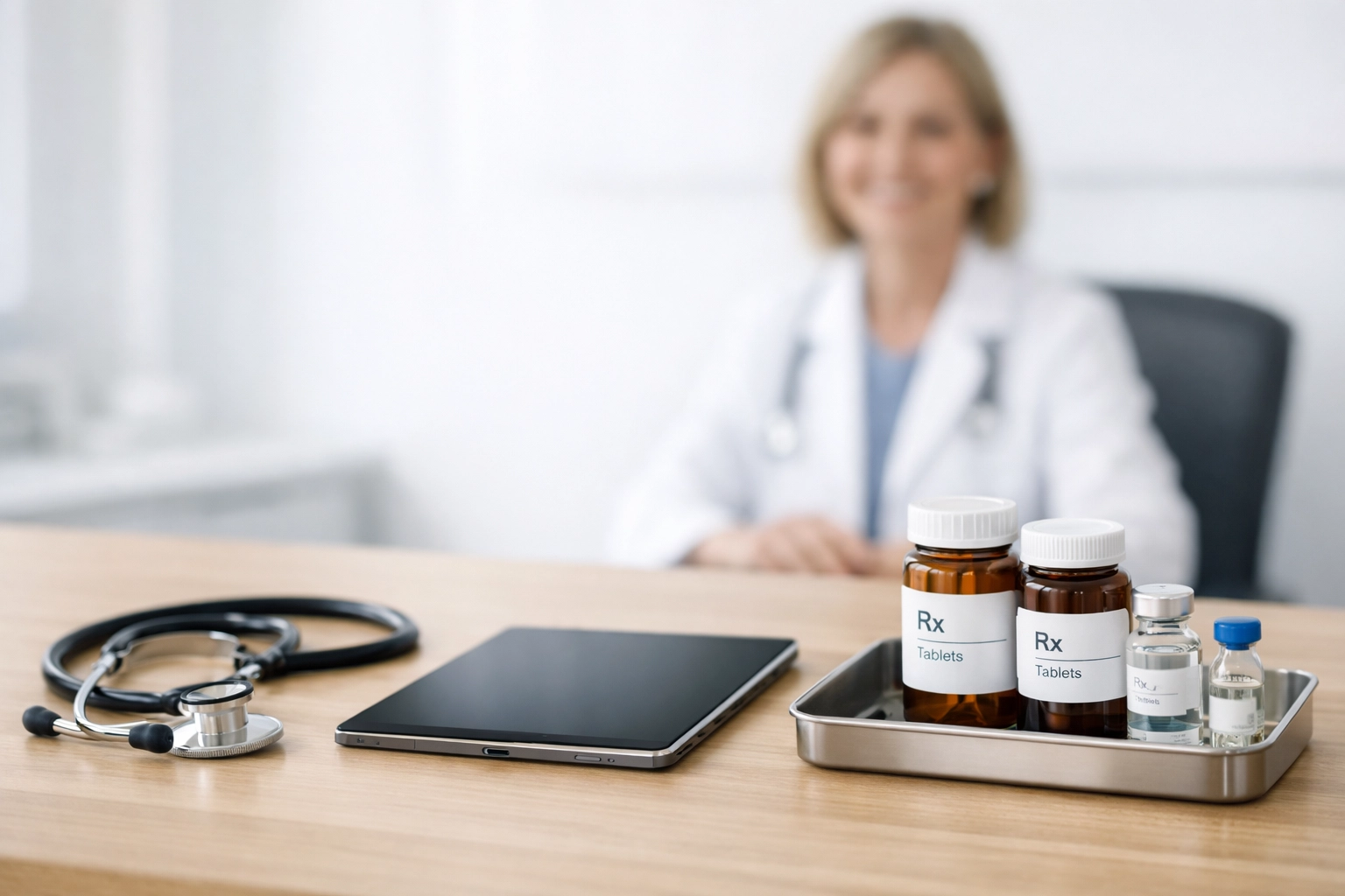 Medical office desk with stethoscope and medications, showcasing various weight loss treatment options.