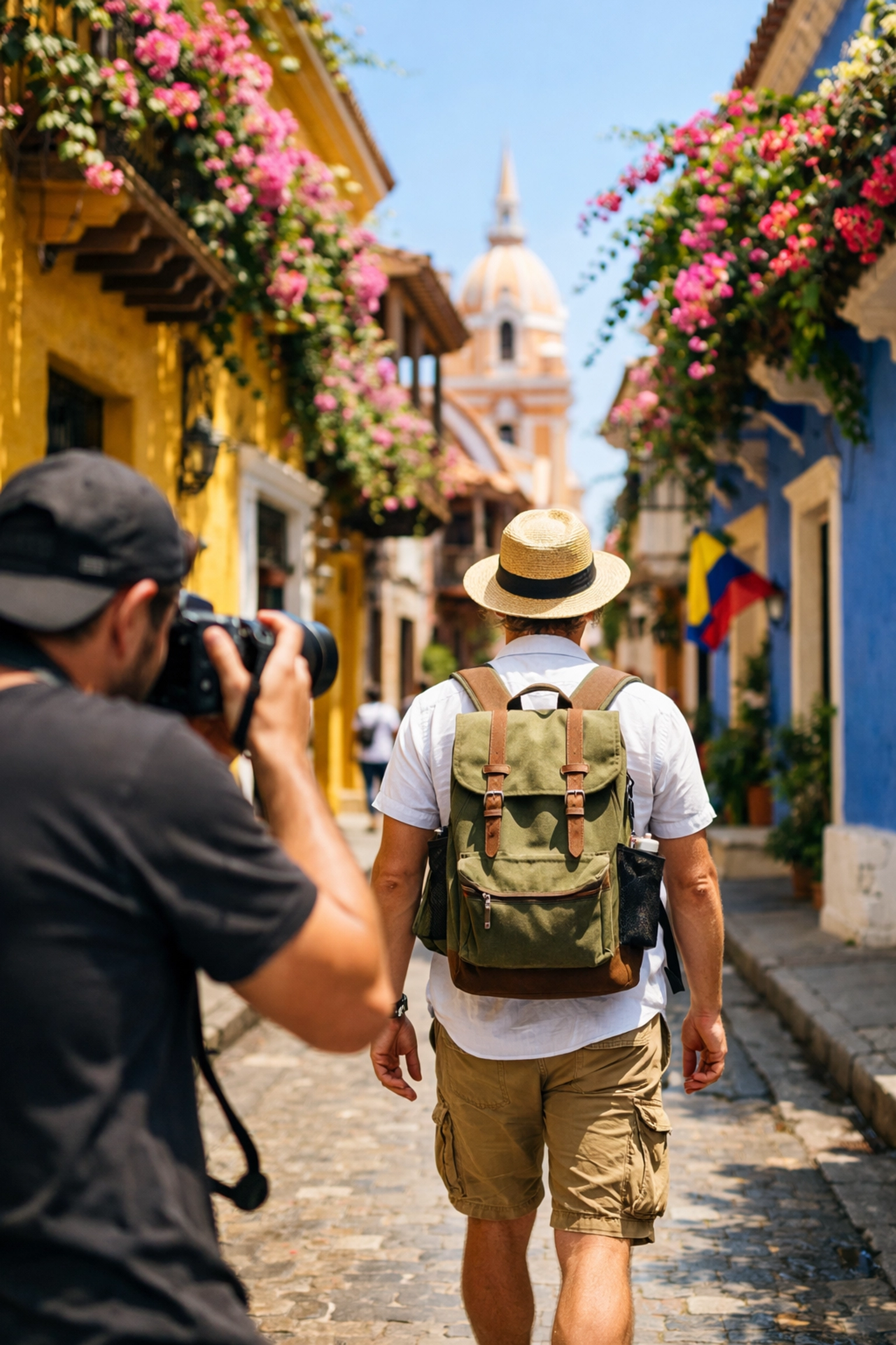 Professional photographer capturing travel photography gigs in the colonial streets of Cartagena.